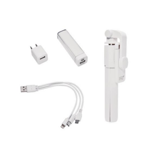 SET 066, SET HIGH PRO. Incluye selfie stick inalámbrico con bluetooth, batería auxiliar de 2,200 mAh, cargador de pared, cable cargador USB 3-en-1 . micro USB, tipo C y Lightning) y estuche.