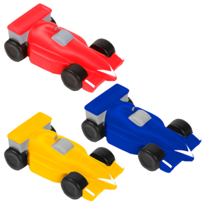 SB-018, Figura antiestres de auto de carreras tipo formula uno, fabricada en poliuretano, colores: rojo, azul y amarillo