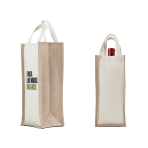 A2854, Bolsa de algodón cosida, ideal para botellas de vino, con laterales de yute e interior plastificado y asas de algodón.