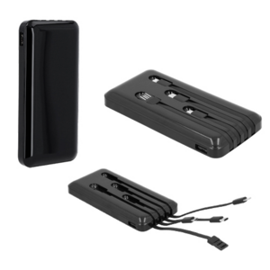 SO-093, Power bank portátil. Incluye cable de carga para dispositivos con entrada micro USB, V8, tipo c y tipo lightning.