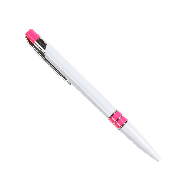 BL-089RS, Boligrafo de plástico con tinta negra y barril blanco y detalles de colores, azul, morado, naranja, rojo, rosa y verde