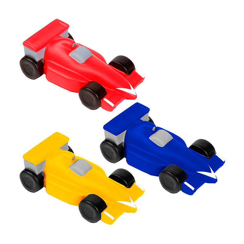 SB-018, Figura antiestres de auto de carreras tipo formula uno, fabricada en poliuretano, colores: rojo, azul y amarillo