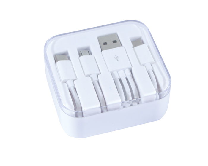 A2497, Cable multiconector USB con adaptador de iPhone, Android Dúo y tipo C. Con estuche de plástico blanco.